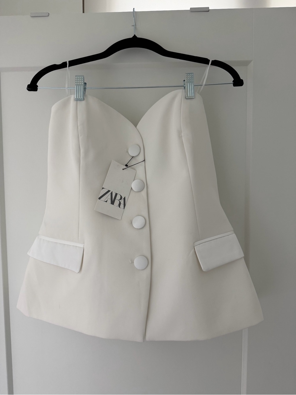 ZARA Ivory Strapless Blazer Top with Covered Buttons